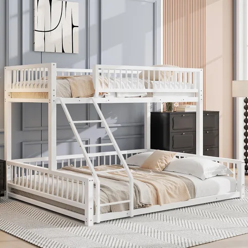 Vista 12 de Litera de metal resistente de tamaño individual sobre matrimonial, con escalera integrada y barandilla de seguridad para niños, adolescentes
