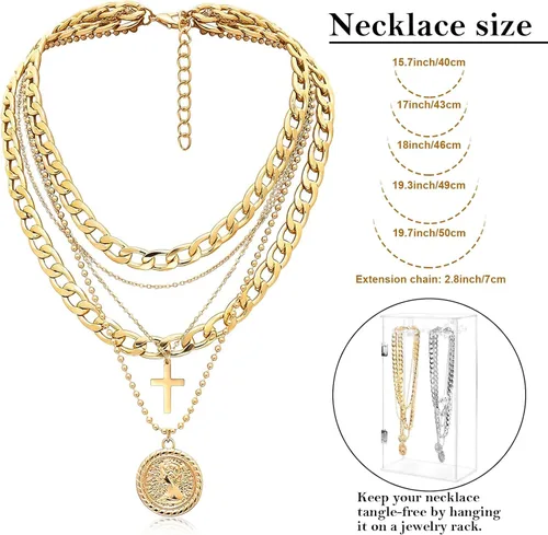 Vista 7 de Collares de capas de oro para mujer, gargantilla gruesa, cadena de eslabones, moneda retro de moda, colgante de 14K, collar hecho a mano, delicado