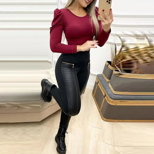 Vista 8 de Pantalones de cuero para mujer, pantalones de pierna ancha, pantalones de contraste, diseño de cuero, pantalones de cintura alta con cremallera