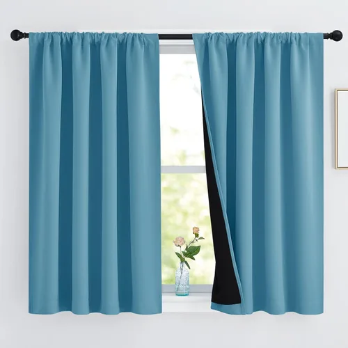 Vista 100 de NICETOWN Biscotti Beige 100% Cortinas opacas de 45" de largo para cocina, bolsillo con varilla para sótano completamente opaco, cortinas térmicas