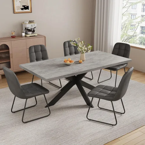 Vista 31 de ZckyCine Juego de mesa de comedor extensible de 6 piezas, moderna mesa de madera gris de 63 a 79 pulgadas con 6 sillas de tela gris, mesa de comedor