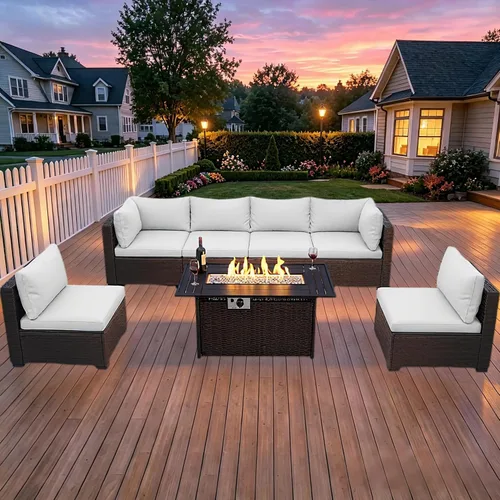 Vista 14 de LEVELEVE Juego de 7 muebles de patio al aire libre, juego seccional de conversación de ratán, sofá de mimbre de tejido manual con mesa de té Marrón