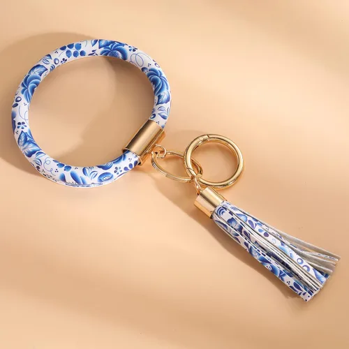 Vista 4 de Coolcos Llavero de piel, círculo grande con borla, para muñeca, brazalete, regalo para mujer