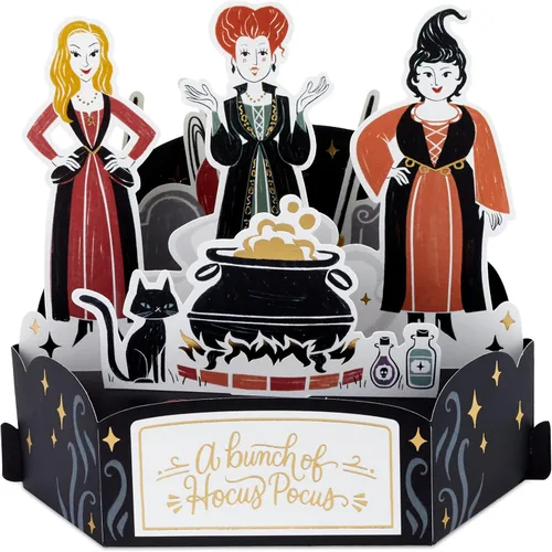 Vista 2 de Hallmark Disney Hocus Pocus - Tarjeta de cumpleaños de Halloween (Sanderson Sisters) Paper Wonder, emergente cortado con láser 3D, sobre a juego