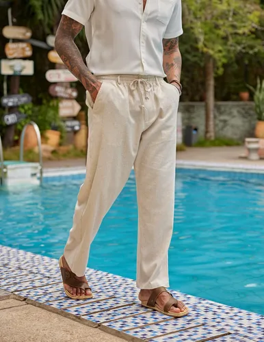 Vista 3 de COOFANDY Pantalones casuales de lino para hombre, cintura elástica, con cordón, pantalones de verano para playa y verano, pantalones de lino ligeros