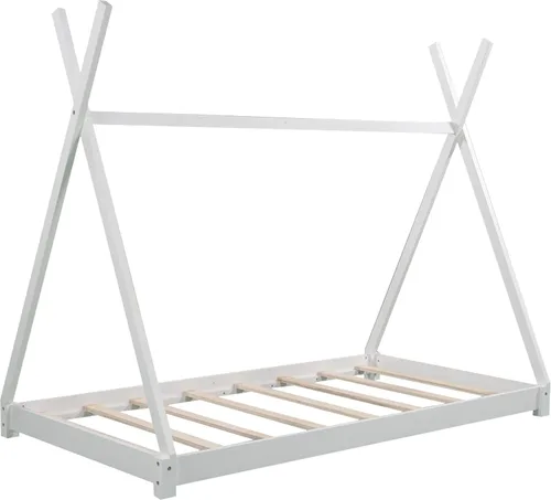 Vista 5 de Cama de plataforma de madera maciza tamaño individual con estructura triangular, marco de cama de suelo individual para niños, niñas, adolescentes