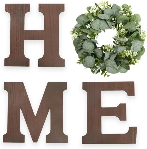 Vista 10 de Cartel colgante de madera con letras en inglés «HOME» (Hogar) con corona de eucalipto artificial para la letra «O», decoración de pared estilo Negro
