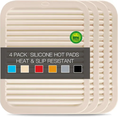 Vista 13 de Salvamanteles para platos calientes, paquete de 4 almohadillas calientes de silicona para cocina, tapete de silicona antideslizante resistente al