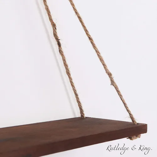Vista 2 de Rutledge & King Estantes colgantes de pared, estantes de almacenamiento colgantes de madera envejecida, cuerda rústica (1, marrón oscuro)