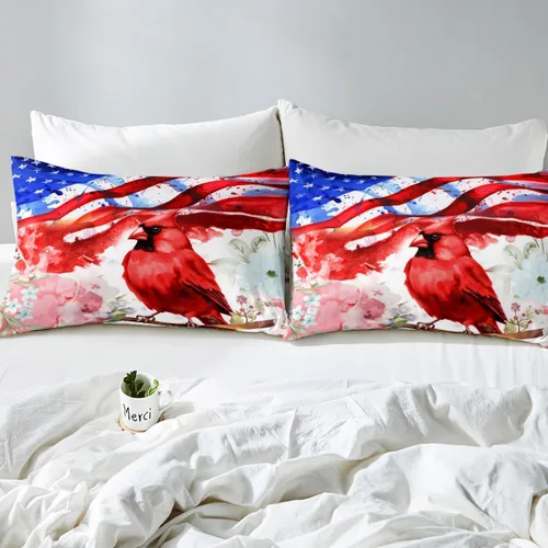 Vista 4 de Erosebridal Juego de sábanas de cardenal con bandera estadounidense, tamaño individual, coloridas flores florales, sábana bajera ajustable con ramas