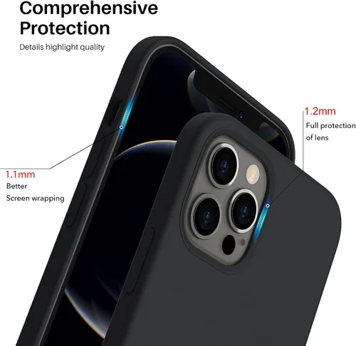 Vista 4 de ORNARTO - Funda para iPhone 12/12 Pro, silicona líquida delgada, color negro 3-Layer Full Covered Soft Gel Rubber, Non-Slip Grip Shockproof