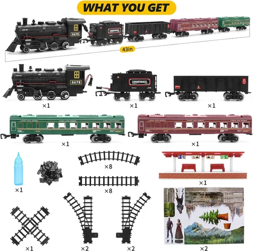 Vista 7 de Juego de tren para niños, tren de locomotora de vapor con coche de carbón, vagón de pasajeros, coche de carga y pistas largas, kits de tren