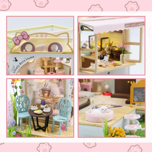 Vista 8 de Flever Kit de casa de muñecas en miniatura para bricolaje, habitación creativa con muebles para regalo romántico de San Valentín (Cat Cafe Garden)