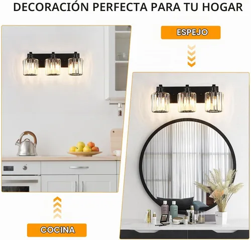 Vista 7 de 3 luces de cristal para tocador de baño, moderna lámpara de baño negra sobre espejo, luces de tocador para dormitorio, baño, pasillo, base E26 Negro