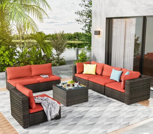 Vista 15 de Juego de muebles de patio al aire libre, 7 piezas, sofá seccional de mimbre con cojines y mesa de té, sofá de conversación de ratán para patio Beige