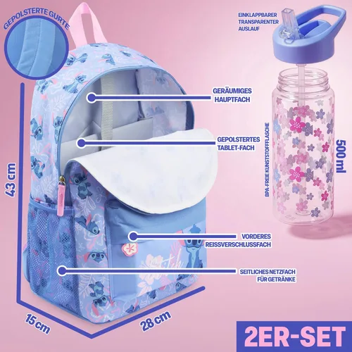 Vista 2 de Get Trend Disney Stitch Girls Backpack & Water Bottle, 2 Piece Set Blue Stitch