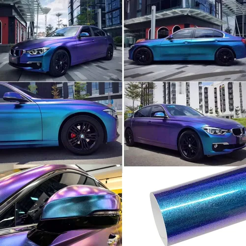 Vista 3 de Vinilo adhesivo de coche de color morado metálico brillante a azul camaleón, cinta adhesiva de película adhesiva de liberación de aire