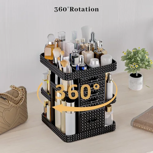 Vista 4 de Organizador de maquillaje giratorio de 360 grados para tocador, organizador grande para el cuidado de la piel con 6 cajones, organizador