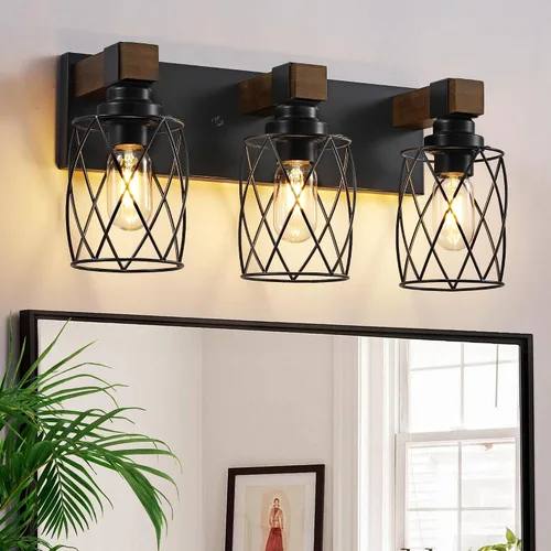Vista 10 de Farmhouse 3-Light Wood Bathroom Vanity Light, White Metal Cage Shade