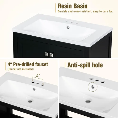 Vista 9 de Tocador de baño multifuncional de 30 pulgadas con lavabo individual, armario combinado de montaje inferior, marco de gabinete de baño de madera