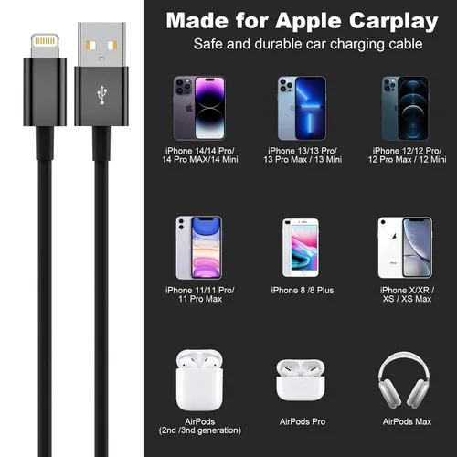 Vista 4 de Snisre Cable Carplay para automóvil, USB A a cable Lightning de 3 pies compatible con iPhone 14, 13, 12, 11 Pro Max, XR, XS X, cable de carga