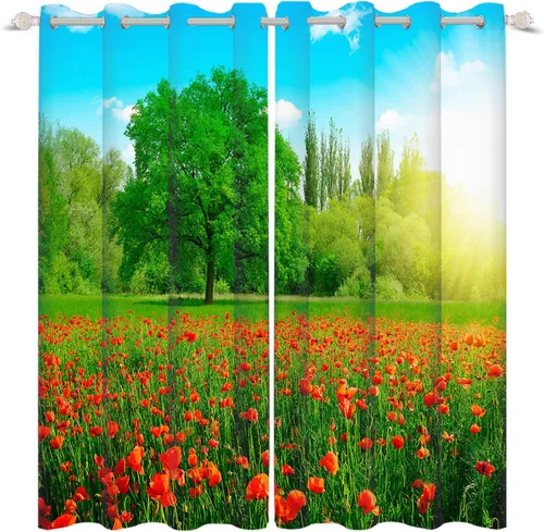 Vista 9 de Renaiss Cortinas de ventana con diseño de cerezo Fuji, tratamiento de ventana de cielo azul, flores rosas, cortinas opacas de privacidad para hombre