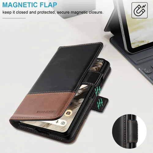 Vista 5 de KEZiHOME Funda para Google Pixel Fold, cuero genuino [bloqueo RFID] Funda tipo cartera con ranuras para tarjetas, función atril y tapa protectora