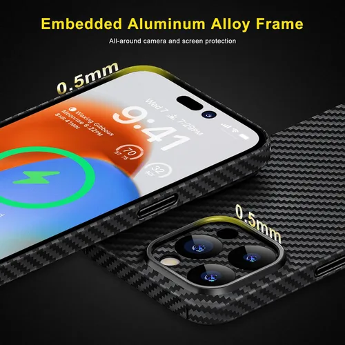 Vista 3 de memumi Funda delgada de fibra de aramida real para iPhone 15 Pro, resistente y duradera de 0.020 in, ajuste delgado para iPhone 15 Pro, funda