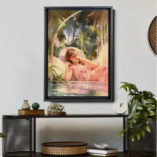 Vista 3 de Fine Art Print, Illustration, Summer-Inspired Tropical Artwork for Wall Decor, Relaxing Woman by the Pool Amidst Lush Plants
