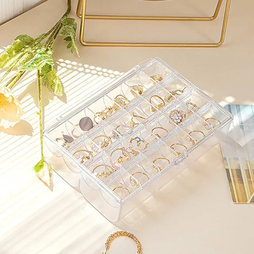 Vista 6 de Lejesth Caja organizadora de joyas de acrílico transparente con 2 cajones y 30 rejillas, pequeña caja de joyería a prueba de polvo para mujeres