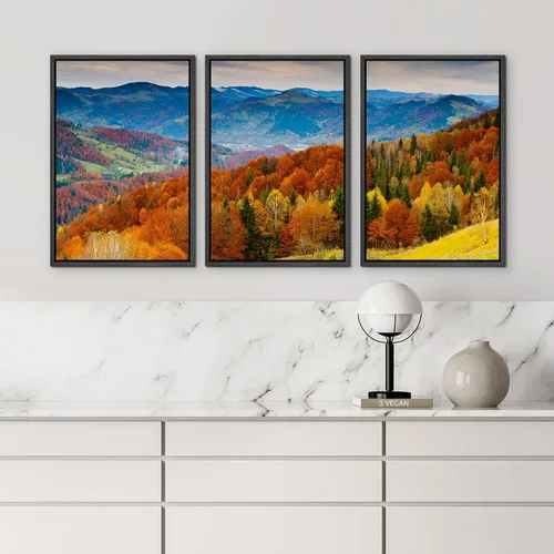 Vista 4 de wall26 Lienzo enmarcado para pared, juego de arte rojo, verde y amarillo, bosque de montaña otoñal, naturaleza, desierto, fotografía, realismo