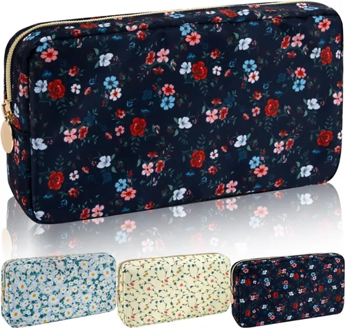 Vista 25 de Iqimott Bolsa Grande de Maquillaje de Nylon, Neceser de Viaje, Bolsa Grande de Cosméticos Preppy, Organizador de Maquillaje de Nylon, Bolsa de Beige