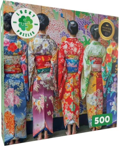 Vista 2 de Lucky Puzzles - Mosaico de kimono colorido, rompecabezas artístico de 500 piezas para adultos y niños, colores vibrantes, arte cultural, calidad