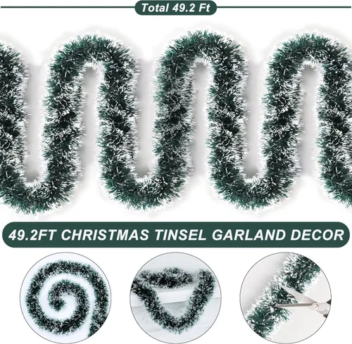 Vista 2 de Guirnalda de oropel verde de 50 pies para árbol de Navidad, decoraciones brillantes metálicas colgantes para decoración de árbol de Navidad
