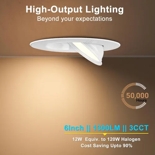 Vista 3 de Lightdot - Paquete de 6 luces LED empotrables con rótula de 6 pulgadas, ajustable 360°+90°, temperatura de color de 3CCT seleccionable y regulable
