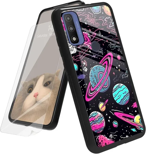 Vista 107 de Funda para Motorola Moto G Play 4G 2024 con protector de pantalla, parte trasera de vidrio templado + funda de silicona suave TPU absorción