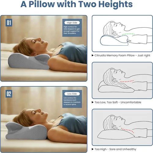 Vista 5 de Almohada ergonómica de espuma viscoelástica cervical para aliviar el dolor de cuello, almohada de contorno ajustable con centro hueco y funda