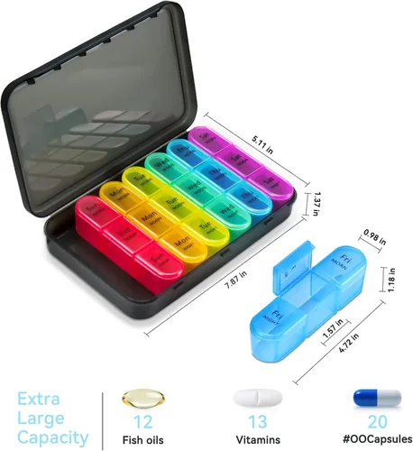 Vista 2 de Pastillero semanal 3 veces al día, pastillero de 7 días, compartimentos grandes a prueba de humedad, pastillero diario portátil para viajes por