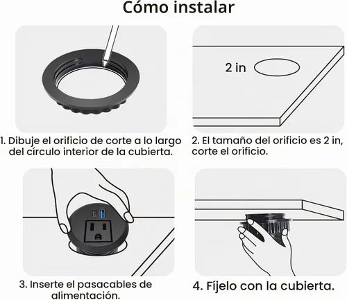 Vista 5 de Ojal de alimentación empotrable de carga rápida USB-C de 20 W, toma de escritorio de montaje empotrado de 2 pulgadas con cable de extensión de 6.5