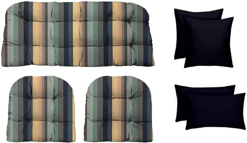 Vista 18 de RSH DECOR Juego de 7 piezas de mimbre copetudo para interiores y exteriores, sofá biplaza, cojines cuadrados y lumbares, hecho de telas aztecas