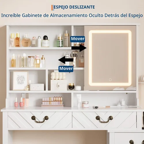 Vista 6 de GarveeHome Escritorio de tocador con espejo deslizante y luces, tocador de maquillaje blanco con taburete, tocador retráctil con tomacorriente