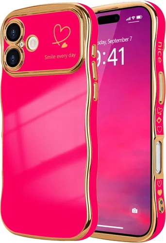 Vista 100 de LCHULLE - Funda para iPhone Air, linda para mujeres y niñas, con forma de onda, color azul bebé Luxury Plating Curly Wavy Frame with Love Heart