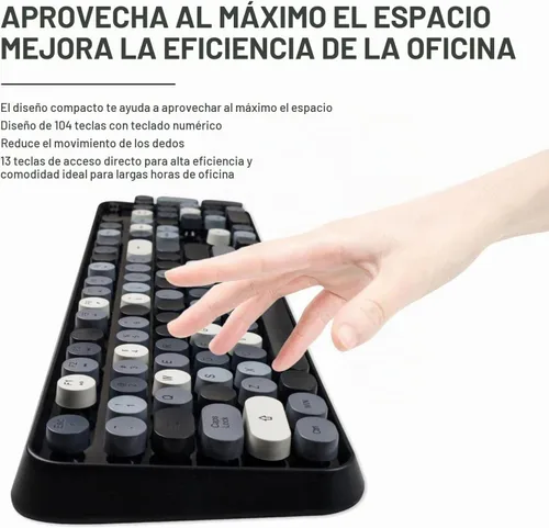 Vista 4 de Combo de teclado y mouse inalámbricos, teclado redondo estilo máquina de escribir retro, teclado inalámbrico de tamaño completo de 2.4 GHz