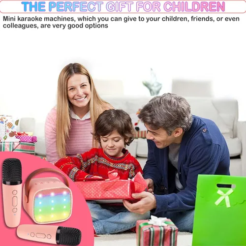 Vista 7 de Mini máquina de karaoke para niños de 4 a 12 años, altavoz Bluetooth con 2 micrófonos inalámbricos y luces LED, regalos de Navidad y cumpleaños