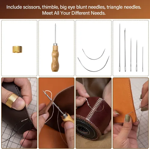 Vista 4 de WUTA Kit de costura de cuero, kit de costura de cuero con punzón de costura, agujas, hilo encerado, kit de reparación de tapicería, herramientas