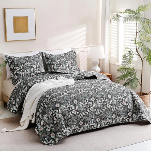 Vista 6 de JSD Juego de edredón floral paisley negro, tamaño twin, 2 piezas de cubrecamas estampadas con funda de almohada, manta acolchada de microfibra suave
