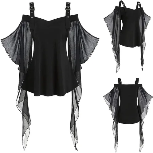 Vista 2 de SHOPESSA Camisas góticas sexys para mujer manga trompeta de malla blusas fluidas color negro para Halloween medieval punk renacentista