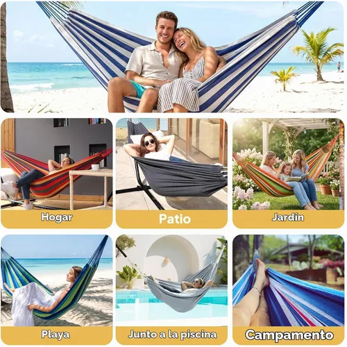 Vista 7 de Anyoo - Hamaca de algodón para jardín, con correas para colgar, hasta 660 libras, hamaca portátil con bolsa de viaje, perfecta para acampar al aire