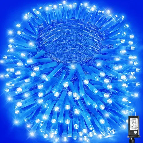 Vista 18 de Guirnalda de luces navideñas con 100 LEDs, tira de 33 pies, 8 modos, conectable, impermeable, parpadeante, con temporizador y memoria, para Azul