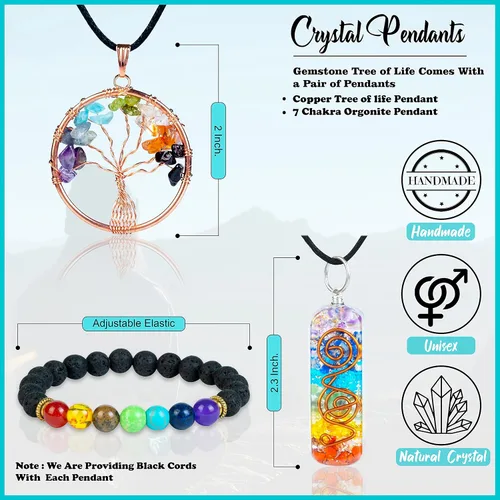 Vista 4 de Árbol de la vida de los siete chakras con cristales con pulsera y 2 colgantes – Decoración de bonsái Feng Shui con cristales curativos, regalos